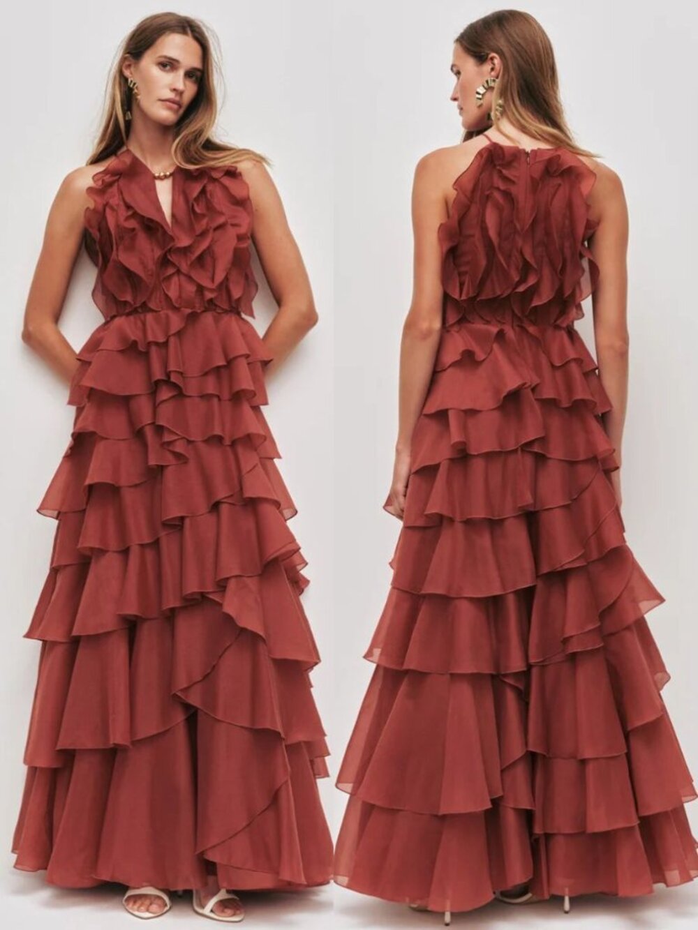Aje Cleo Gown Rust Brown Orange Ruffle Chiffon Maxi Dress NWT Size AU 8 US 4 - Picture 2 of 13